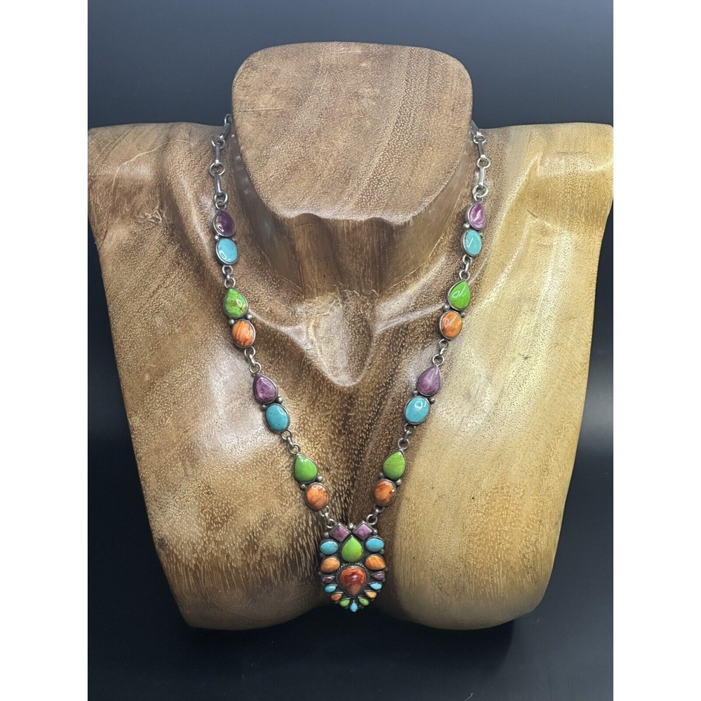 Vintage Authentic Navajo Multicolored Turquoise Sterling Pendant Necklace